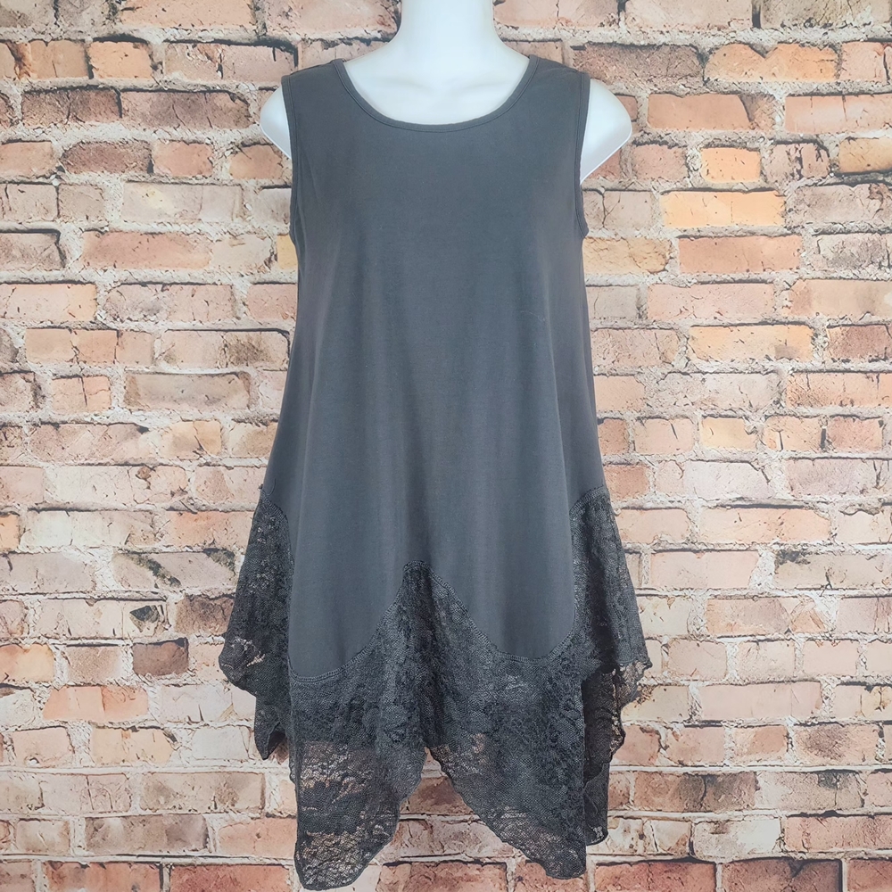 EUC Kathleen Kirkwood Womens Army Green Long Tunic Tank Cami Top  Lace Hem Sz.SX